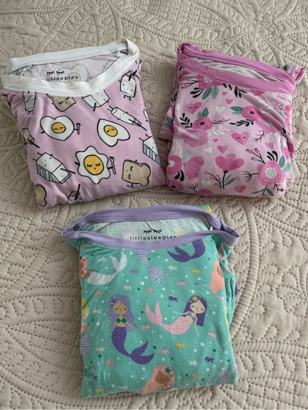 little sleepies Girls' Pink breakfast, Mermaid & Floral Pajama Set - 3-Pack